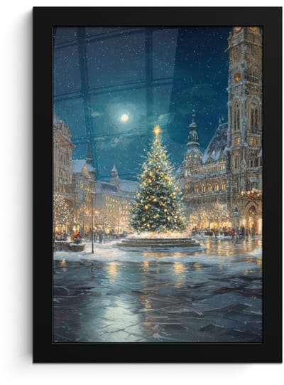 Poster in lijst - Fotolijst 20x30 cm - Posters - Kerstnacht - Stadsplein - Meerkleurig - Posterlijst zwart - Decoratie - Wanddecoratie woonkamer - Muurdecoratie slaapkamer - Kerstversiering - Kerstdecoratie voor binnen - Kerstmis