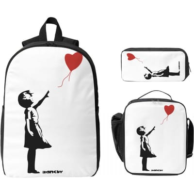 3 Stuks Banksy Meisje Rode Ballon Schooltassen Set voor Meisjes Jongens Pennen Etuis Rugzak Sets met Lunchbox Voor School Leerlingen Dagrugzak white