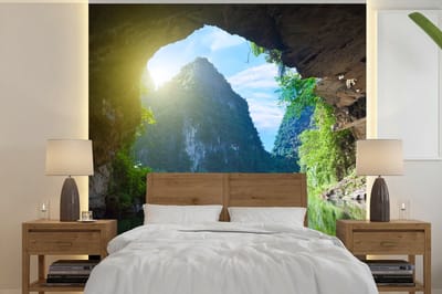 Behang - Fotobehang Water - Grot - Zon - Natuur - Planten - Breedte 280 cm x hoogte 280 cm