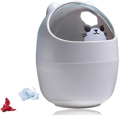 Mini Bureau Prullenbak Kat Vorm 500ml - Leuk Cartoon Kat Design - Swing Deksel - Grijs - Countertop Bin - Desktop Prullenbak - Plastic - Kleine Prullenbak - 15.5x11cm - Mini Prullenbak.