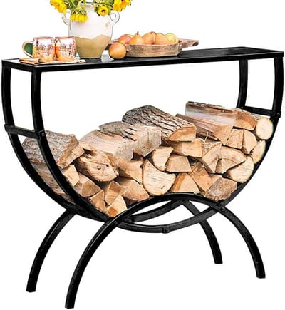 Brandhoutrek Staand - Houthouder Buiten - Opslag Brandhout - Met Tafelblad - 100cm x 35cm x 82cm - Zwart