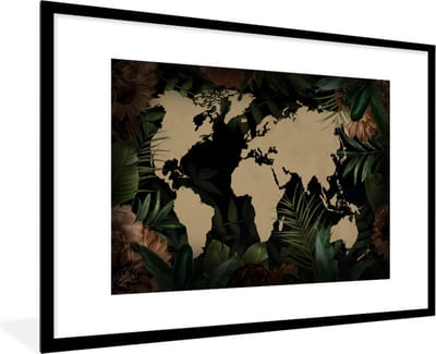 Poster in lijst - Fotolijst 120x80 cm - Posters - Wereldkaart - Bladeren - Tropische Planten - Posterlijst zwart - Decoratie - Wanddecoratie woonkamer - Muurdecoratie slaapkamer