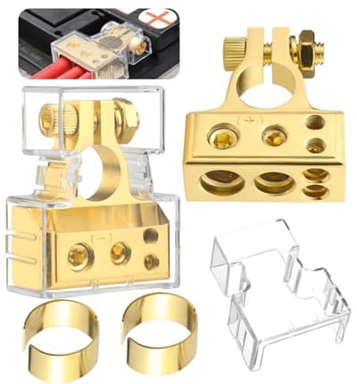 SnelShoppen - Accuklemmen voor Auto - Positieve & Negatieve Accu Terminals met 4 Uitgangen voor 0/2/4/6/8/10 AWG - Goudkleurige Aansluitingen met Besc