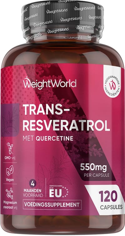 WeightWorld Resveratrol met Quercetine - 500 mg Trans-Resveratrol - 98% zuiver - 120 capsules voor 4 maanden - Gemaakt in de EU - Vegan