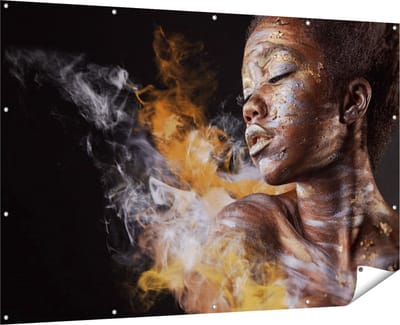 Gards Tuinposter Afrikaanse Vrouw met Zilver en Goud - 180x120 cm - Tuindoek - Tuindecoratie - Wanddecoratie buiten - Tuinschilderij
