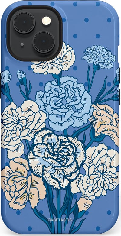 Casetastic hoesje geschikt voor Apple iPhone 15 - MagSafe - Dubbellaagse bescherming - Anjer boeket - Fashion Case - Lavendel Lichtblauw Zilver