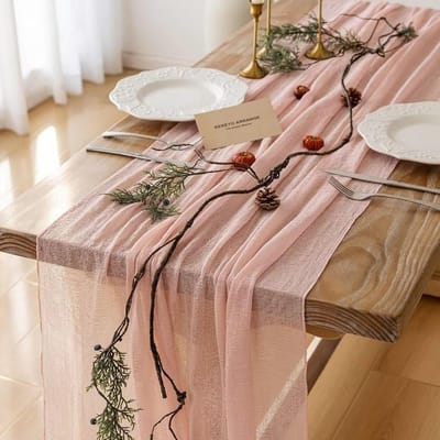 Tafelloper - Herbruikbare Boho-stijl kaasdoek van biologisch katoen - Rustieke tafeldecoratie voor bruiloften - Roze 90x300 cm