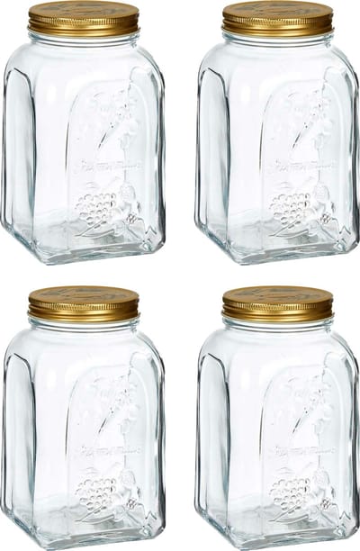 Pasabahce Voorraadpot/bewaarpot Square - 4x - glas - 1,5L - transparant/goud - D10 x H19 cm - voedsel bewaren