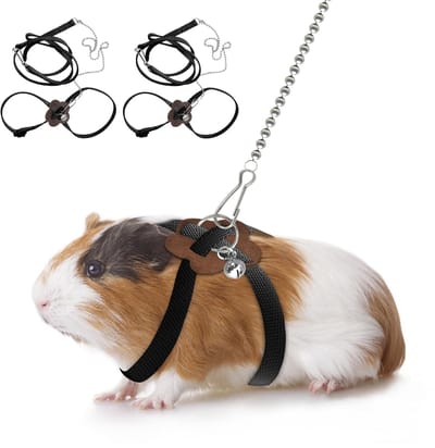 Dailygoods- Harnas Verstelbaar - 2 Stuks - Riem voor Hamsters/Fretten/Jonge Konijnen - Met Belletje - Zwart - Geschikt voor Ratten/Muizen - Dierenharnas
