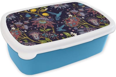 Broodtrommel Blauw - Lunchbox - Brooddoos - Patronen - Vogel - Bloemen - 18x12x6 cm - Kinderen - Jongen