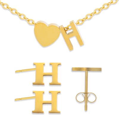 Initiaal Armband & Oorbellen set met Letter H Goudkleurig - Stainless Steel - Met letter & Hartje! - 2x Sieraden Cadeau - Pax Amare