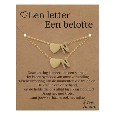 Letter N ketting + armband set op Cadeau Kaartje - Een letter, een belofte - Goudkleurig Stainless Steel - Initiaal & Hartje Hanger - Pax Amare