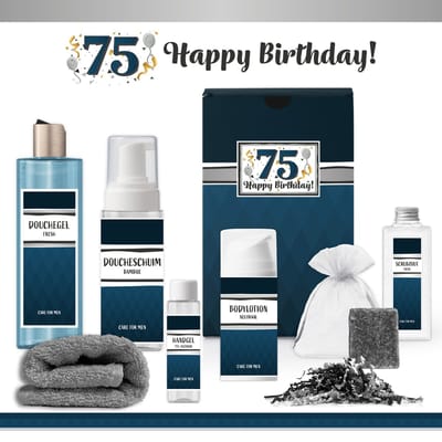 Geschenkset “75 Jaar Happy Birthday!” - 7 producten - 855 gram | Giftset voor hem - Luxe wellness cadeaubox - Cadeau man Verjaardag - Gefeliciteerd Feestje - Gift Set Party - Cadeaupakket Deluxe - Collega - Verjaardagscadeau - Blauw