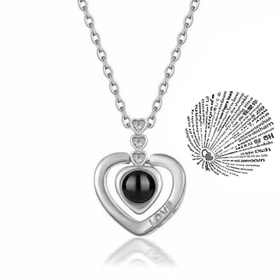 Fako Bijoux® - Ketting Hartje - I Love You In 100 Talen - Ik Hou Van Jou Projectie - Liefdes Ketting - Hart - 45cm - Zilverkleurig
