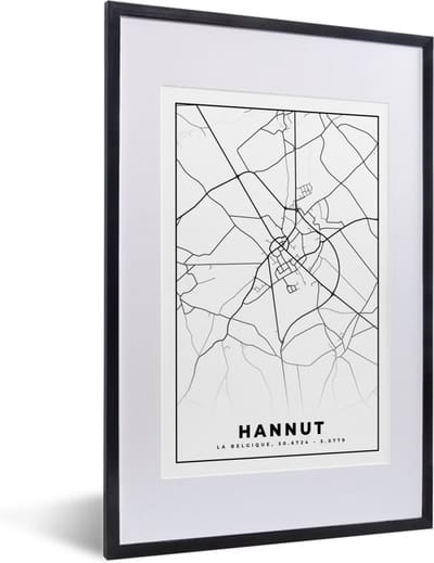 Fotolijst incl. Poster Zwart Wit- België – Hannut – Stadskaart – Kaart – Zwart Wit – Plattegrond - 40x60 cm - Posterlijst