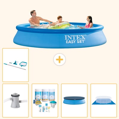 Intex Rond Opblaasbaar Easy Set Zwembad - 305 x 61 cm - Blauw - Inclusief Pomp - Onderhoudspakket - Afdekzeil - Grondzeil - Schoonmaakset - 6-delig