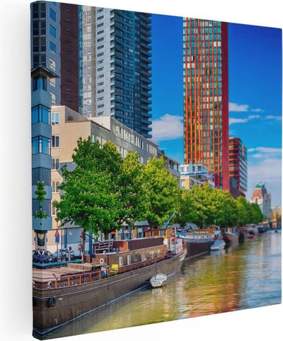 Artaza Canvas Schilderij Skyline Rotterdam - 30x30 cm - Klein - Wanddecoratie Wereldstad - Muurdecoratie Haven - Kamer Accessoires Woonkamer