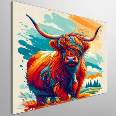Modern schotse hooglander schilderij | Hedendaagse interpretatie van de majestueuze Schotse hooglandkoe in kunst | Kunst - 60x60 centimeter op Canvas | Foto op Canvas