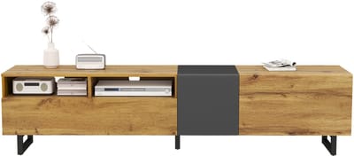 TV-Meubel - Met Contrastkleur Design en 3 Deuren - Metalen Poten - MDF - Houtkleur