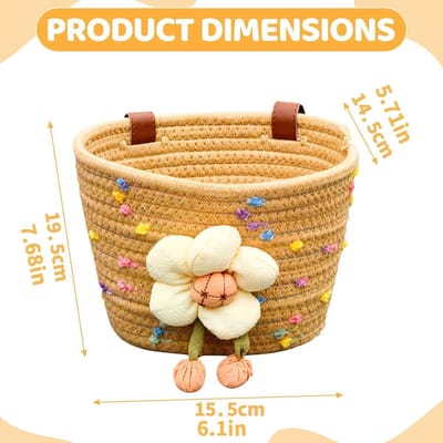 VHV Gevlochten Fietsmandje - Katoen-look - Voor Stuur van Kinderfiets, Loopfiets & Step - Leuke Accessoires - 19.5 cm Hoog - Wit met gekleurde stippen