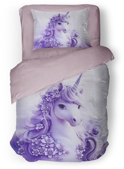 Eleganzzz Kinder Dekbedovertrek Unicorn Flower - Eenhoorn Dekbedovertrek - Bloemen - Lila - 140x200/220cm - Dekbedovertrek Kinderen - Micropercal - Eenpersoons