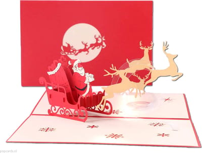 Popcards popupkaarten - Kerstkaart vrolijke kerstman met slee en rendieren pop-up kaart