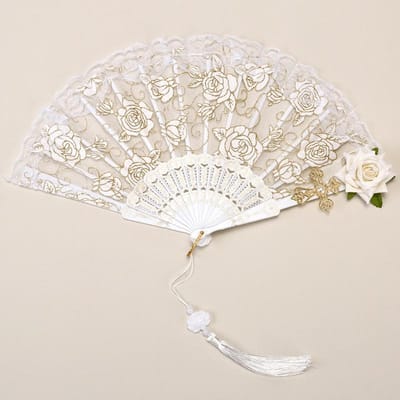 Elegante zwarte kanten waaier met rozenversieringen, modeaccessoires voor bruiloften, feesten en bals - ideaal cadeau voor vrouwen white