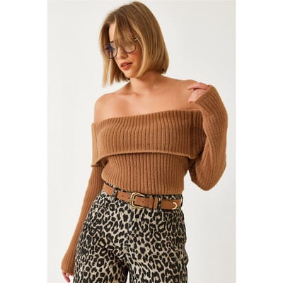 Off-Shoulder Ribbels Brei Strakke Trui met Omslagdetail