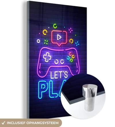 MuchoWow® Glasschilderij 120x180 cm - Schilderij acrylglas - Gaming - Neon - Let's Play - Controller - Quotes - Foto op glas - Schilderijen