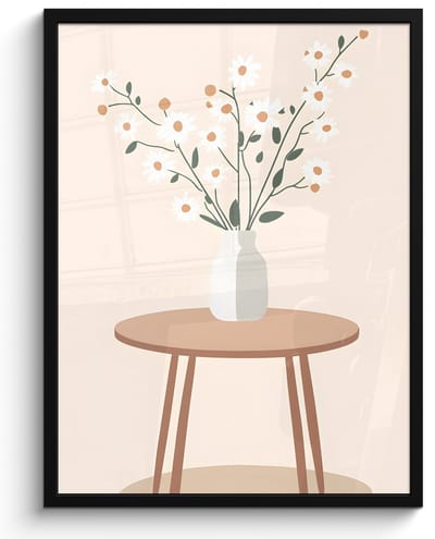Poster in lijst - Fotolijst 50x70 cm - Posters - Vaas - Bloemen - Madeliefjes - Beige - Posterlijst zwart - Decoratie - Wanddecoratie woonkamer - Muurdecoratie slaapkamer