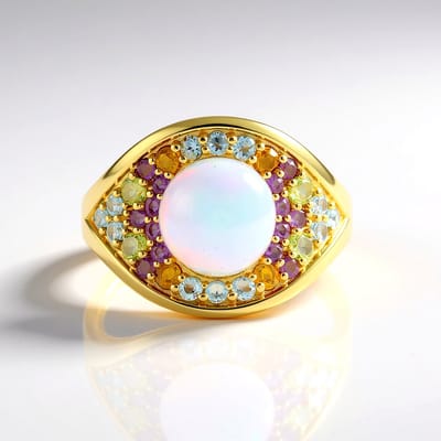 Cavill - Welo Opaal Ring 4,19 ct - 925 Sterling Zilver Geel Verguld - Kleurrijke Edelstenen Peridoot Citrien Topaas Amethist - Luxe en Elegant