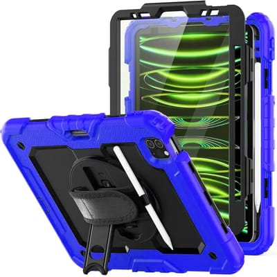 Hoes met ingebouwde Screenprotector Geschikt voor Apple iPad Mini 7 / 6 | Inclusief 360° Draaibare Handriem en Schouderriem | Extreme bescherming | Ideaal voor zakelijk gebruik | Blauw