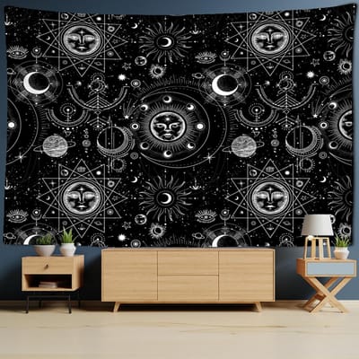 Zon Tarot Wandkleed Wandhanger Mandala Zwart-wit Hekserij Sciencefiction Boheems TAPIZ Kamer Huis Decor 95x70cm gray