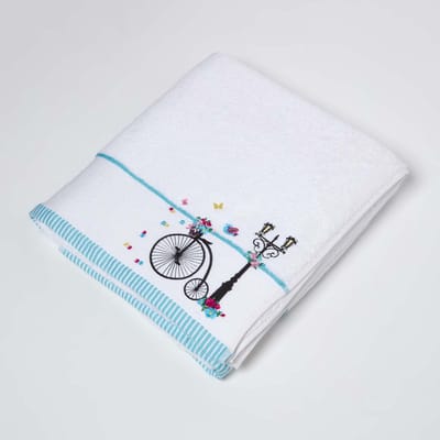 Homescapes badstof badhanddoek wit borduurwerk vintage penny farthing