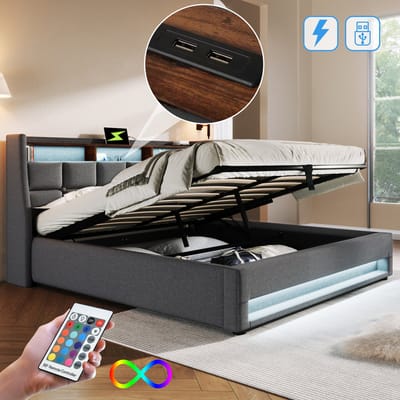 REDOM Luxe Oorbed met Opbergruimte (140x200 Twijfelaar) - Boekenplank, 2x USB & Dubbele LED - Grijs