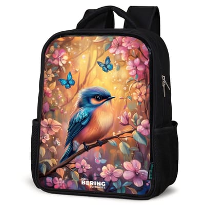 NoBoringSuitcases.com® - Rugzak zwart - Schooltas jongen & meisje - Vogel met vlinders in kleurrijk bos. - Rugtas voor school - Boekentas kind - Schoolrugzak - Kinderrugzak