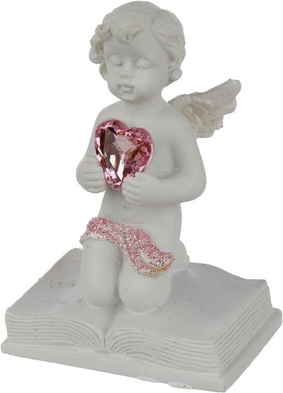 Peace of Heaven Happily Ever After knielend Engeltje cherubijntje op boek met roze hart in de hand 7x4.5x3.5cm