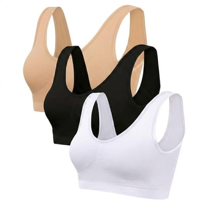 Zwart wit beige sport beha dames – naadloze sport bh set – elastische dunne sport top zonder sluiting – ademende enkellaagse sport bh met brede schouderbanden – lichte ondersteuning – fitness yoga hardlopen – maat S – set van 3