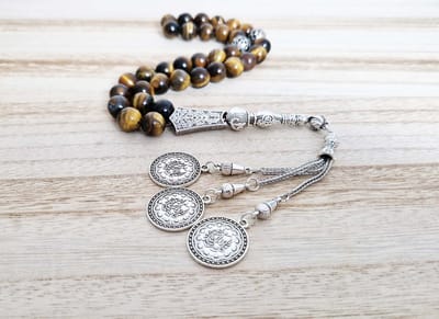 Handgemaakte tesbih "tasbih" natuursteen "Tijgeroog" - Aantal kralen 33 - Diameter kralen 10 MM - met metaal tassel "model 9" - Een mooi cadeau-idee