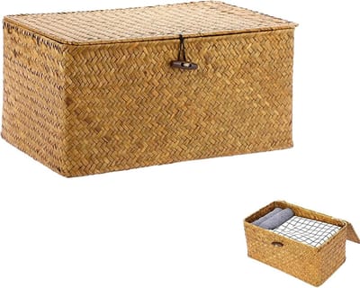 Handgeweven Rieten Opbergmand met Deksel van Zeegras - Multifunctionele Mand voor Speelgoed, Kleding en Huishoudelijke Organisatie (M, Oranje)