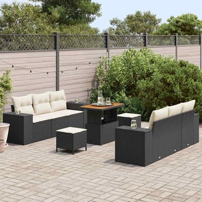 vidaXL Tuinbank Set met kussen 9 pcs Zwart en Crème Poly Riet