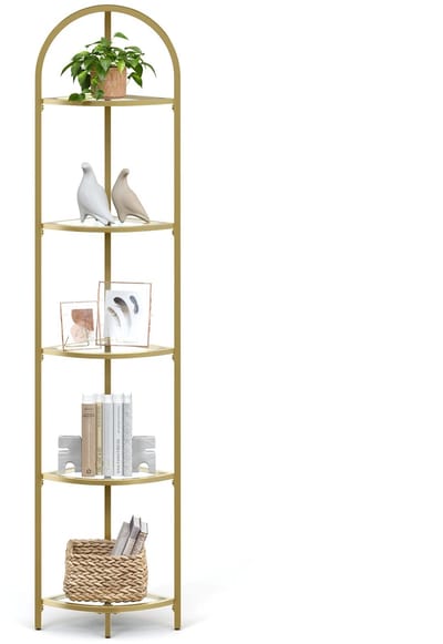 Velmio Vitrine - 5 Laags - Hoekkast - Uitstalkast - Woonkamer of Kantoor - Goud - 28x28x158cm - Van Metaal & Gehard Glas