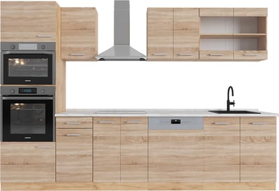 Vicco R-Line Complete keukeneenheid – 300 cm met hoge kast, WB Marmer Sonoma/Goudkraft eik