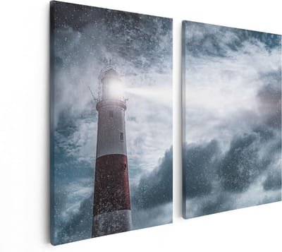 Artaza Canvas Schilderij Tweeluik Vuurtoren tijdens de Regen Storm - 80x60 - Foto Op Canvas - Canvas Print