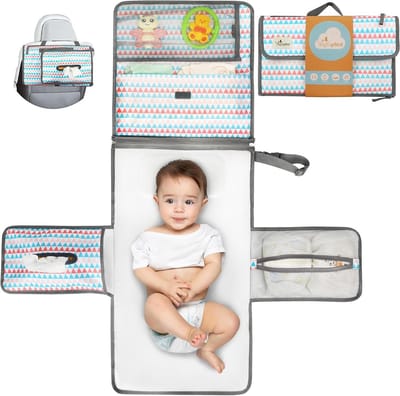 Draagbare Aankleedmat - XL Verschoningsmat - Baby Verzorging - Waterdicht Met Opbergvakken - 70cm Lengte - Tribaal