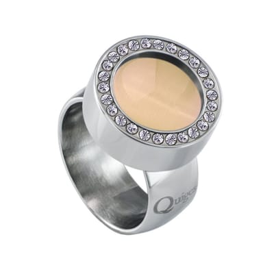 Quiges RVS Schroefsysteem Ring met Zirkonia Zilverkleurig Glans 16mm met Verwisselbare Cat's Eye Perzikkleur 12mm Mini Munt