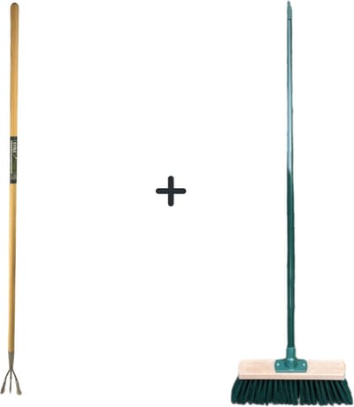 Synx Tools Tuinkrabber 3 Tanden Met Steel 150cm + Buitenbezem Groen Met Steel 117cm - Tuinkrabber - Buitenbezem