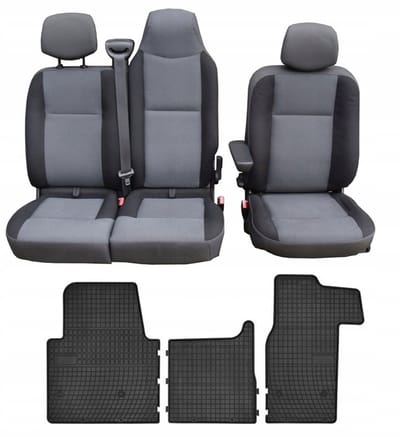 Interieur Beschermset - Op maat gemaakte Stoelhoezen & Rubberen Automatten - Geschikt voor Nissan NV400 2010-2022 - 3-persoons (2+1) - Premium Bekledingsstof & Rubber - Zwart