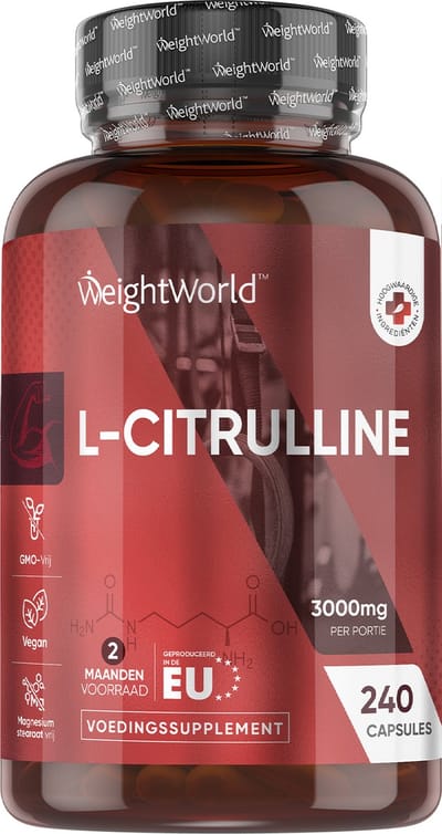 WeightWorld L-Citrulline capsules - 3000 mg Citrulline - Populair onder sporters - 240 vegan capsules voor 2 maanden voorraad