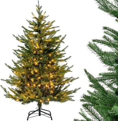 COSTWAY Kunstkerstboom met verlichting, scharnierende kerstboom met 8 verlichtingsstanden, 180 warm witte LED-lampjes, kerstboom, kunstkerstboom voor thuis, kantoor, 136 cm hoog